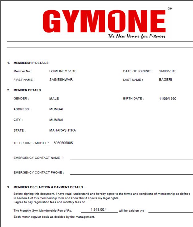 project gymone in mvc gym bill receipt